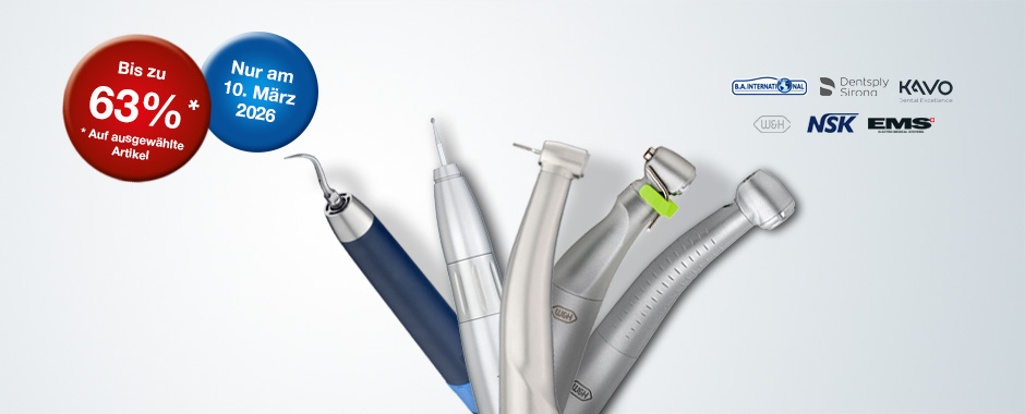 Außergewöhnliche Rabatte bis zu 63 %* erwarten Sie am 10. März 2026 ... auf ein ausgewähltes Top-Sortiment von Turbinen, Hand- und Winkelstücken und Scaler.